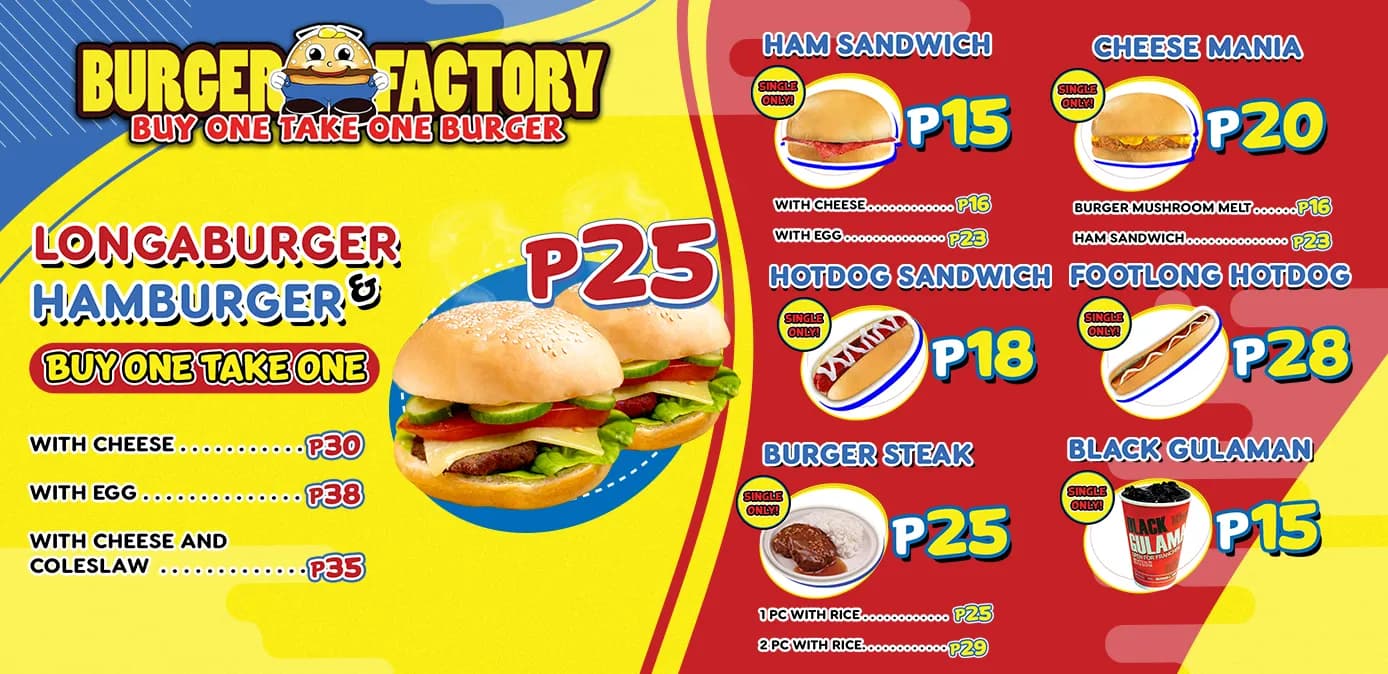Burger Factory menu board with prices