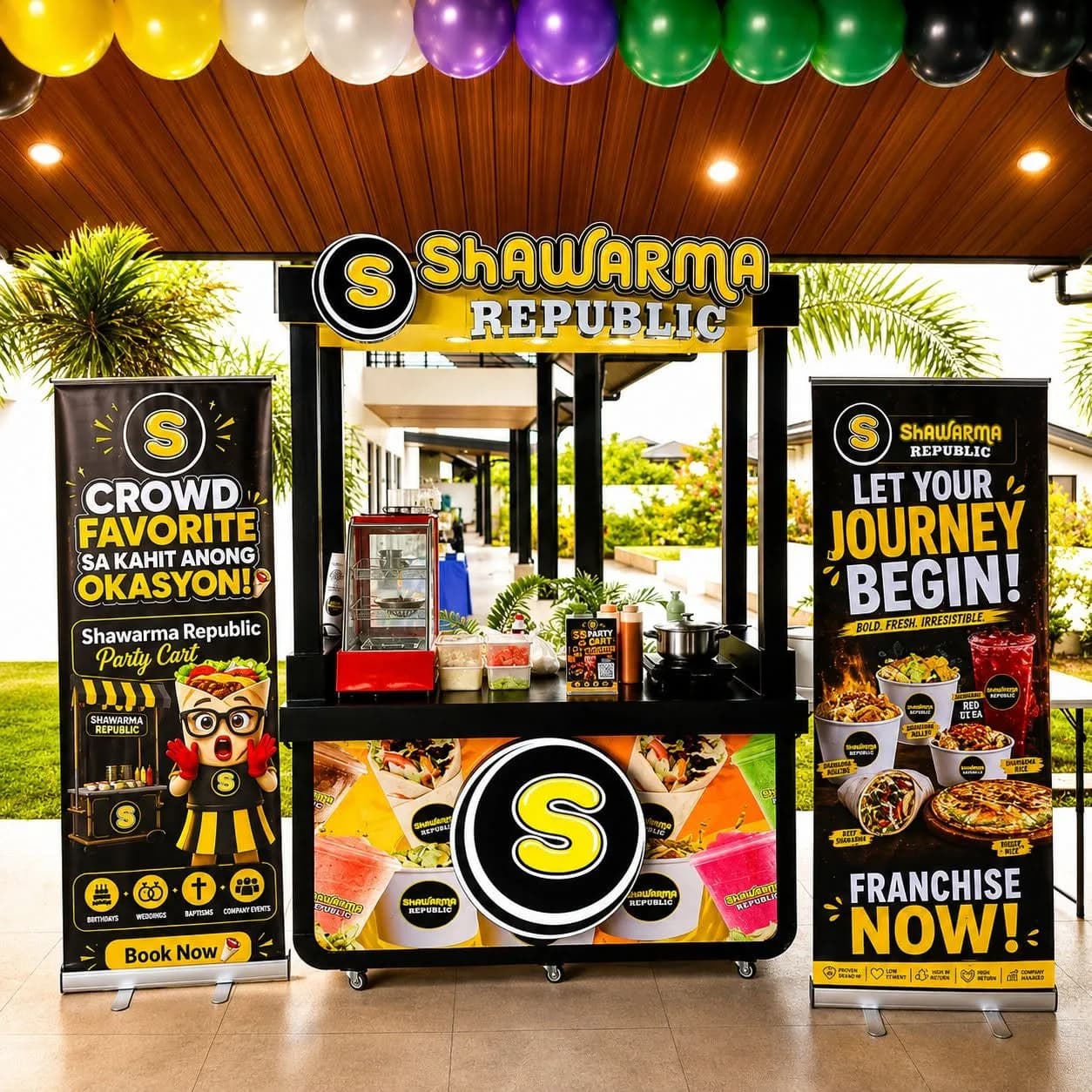 Shawarma Republic branded food cart set up with menu banners at an event