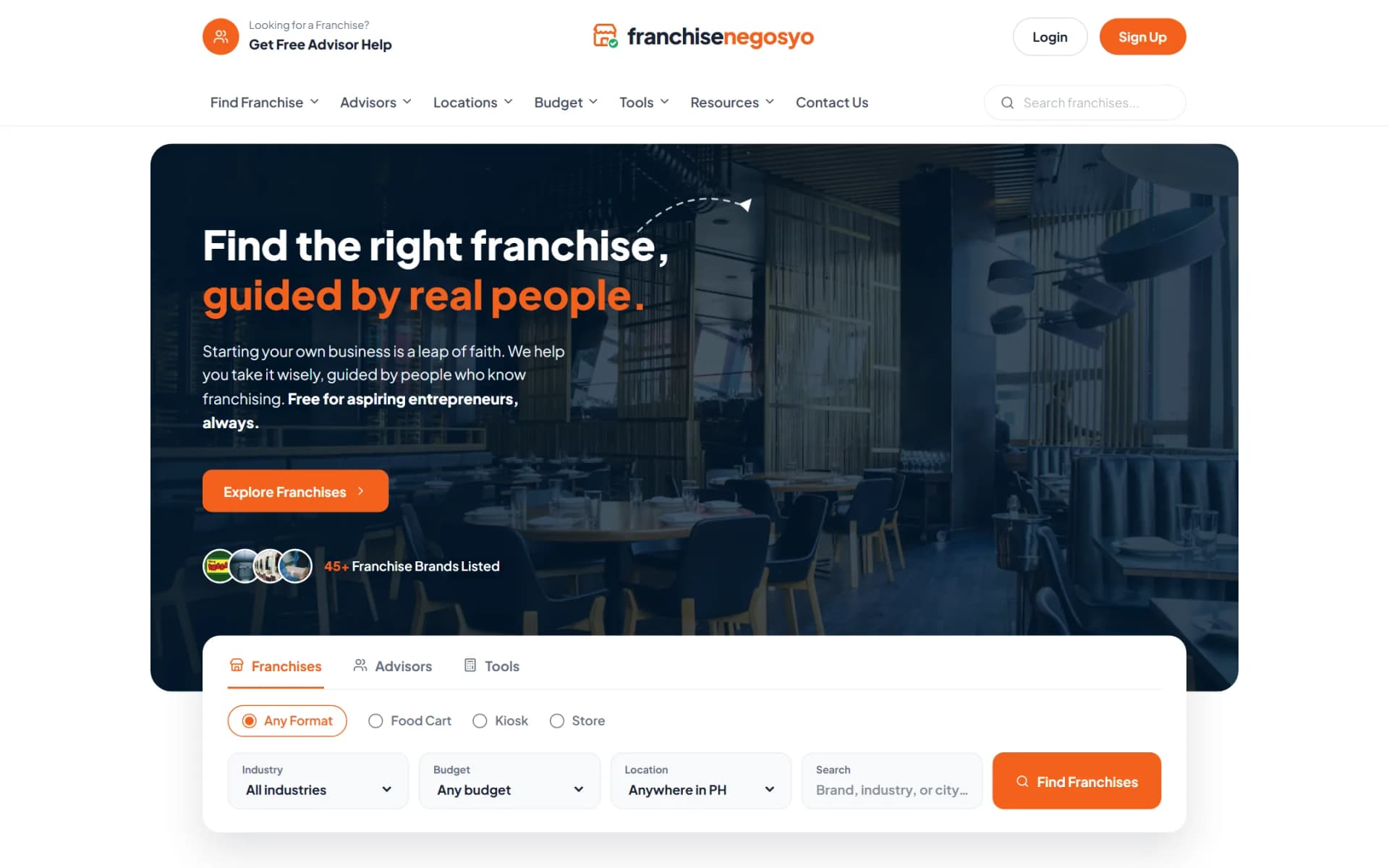The FranchiseNegosyo homepage: find the right franchise, guided by real people
