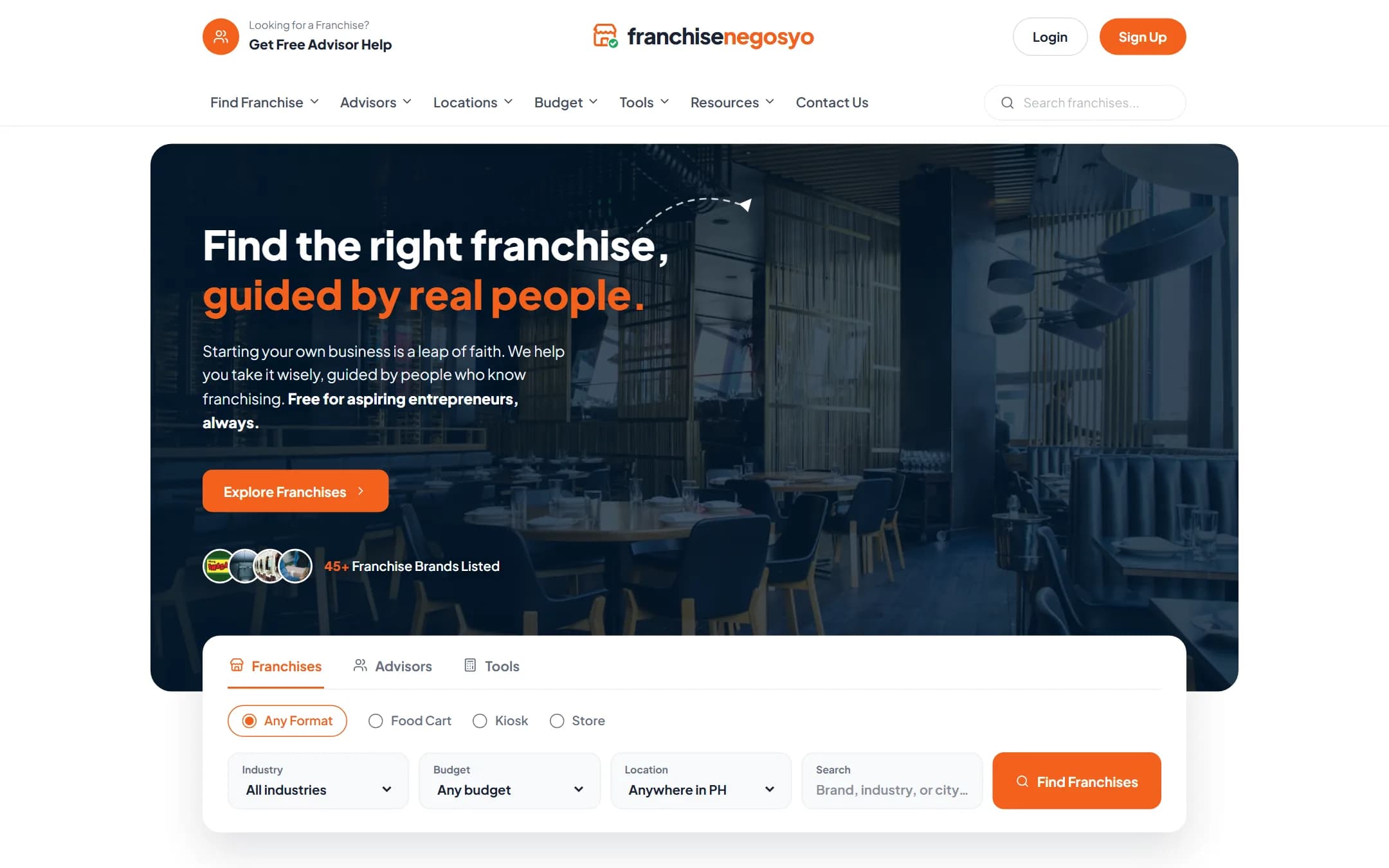 The FranchiseNegosyo homepage: find the right franchise, guided by real people