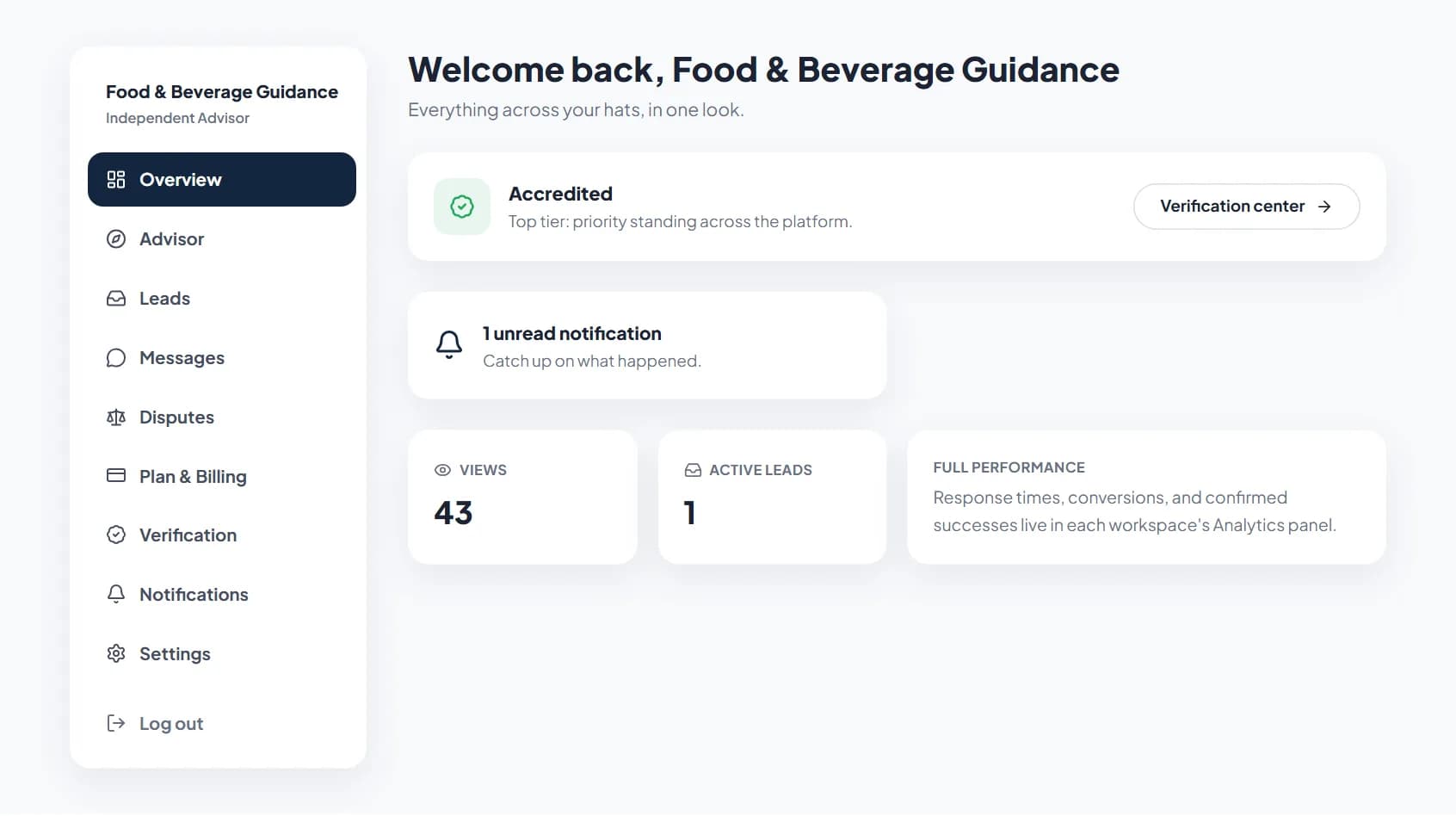 The advisor workspace: leads, messages, profile, verification, and plan in one place